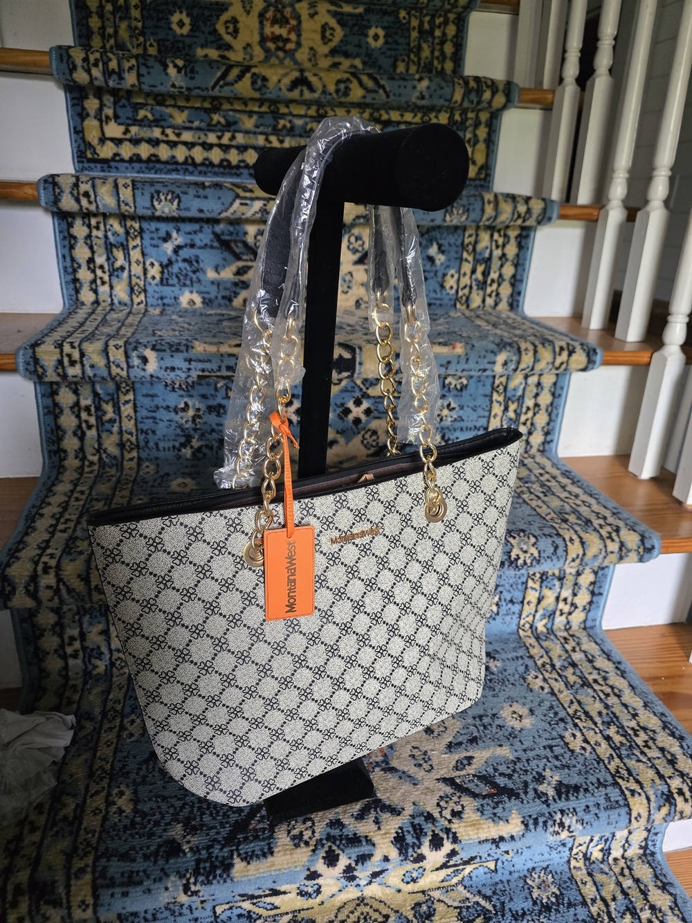 Montana West Cream and Black Chain Shoulder Tote with Gold Hardware